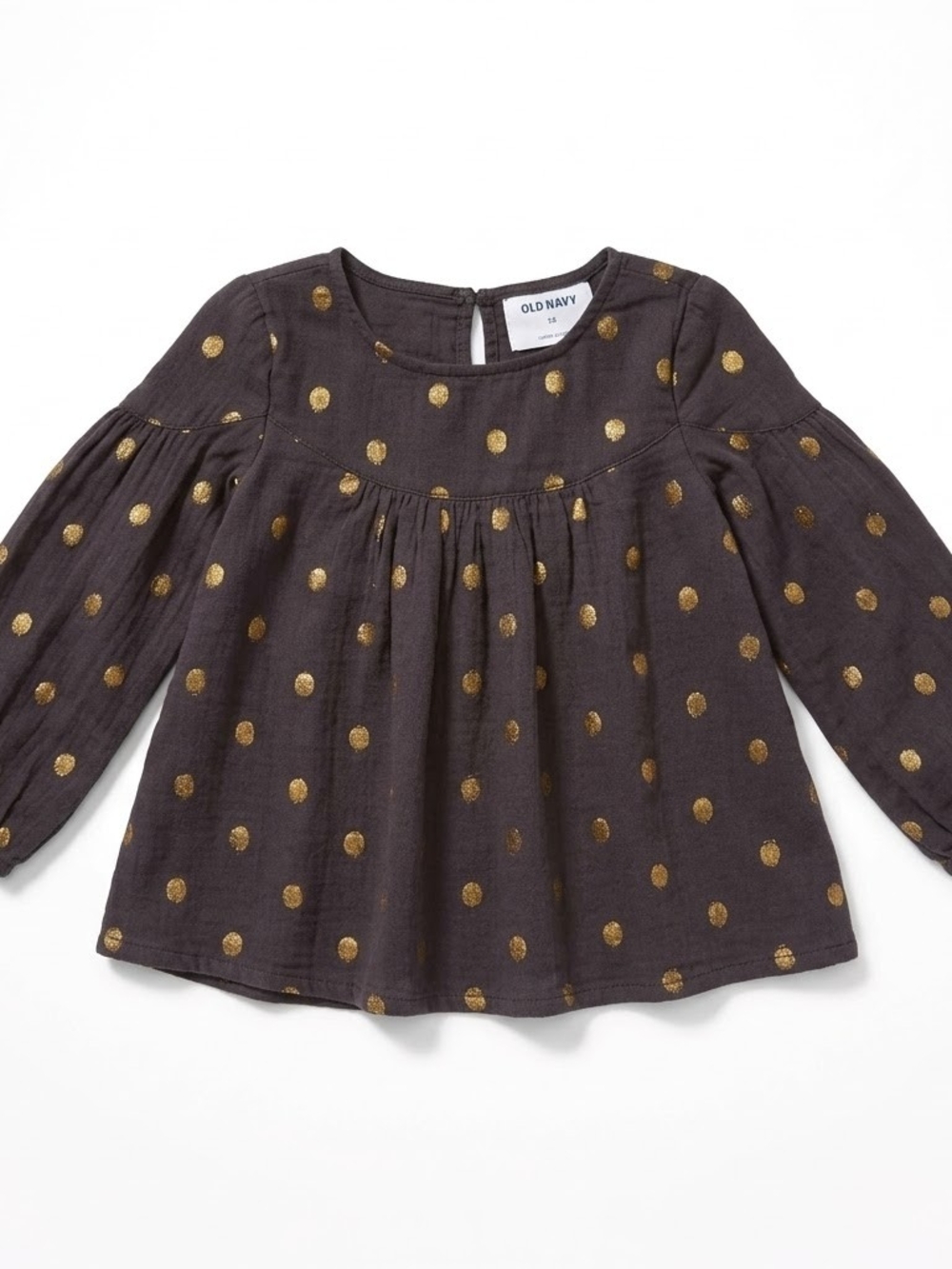 Old Navy Girls' Brown Long-Sleeve Top Gold Polka Dots Metallic Peplum Style